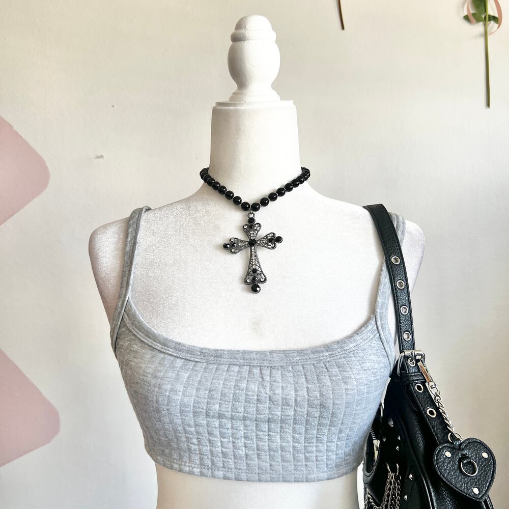 Gray Quilted Crop Top, Y2K, Minimalist, Streetwear, Indie, Retro, Casual,‎ Small